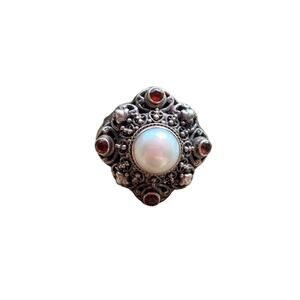 Sterling Silver, Pearl and Garnet Bali Ring by Robert Manse